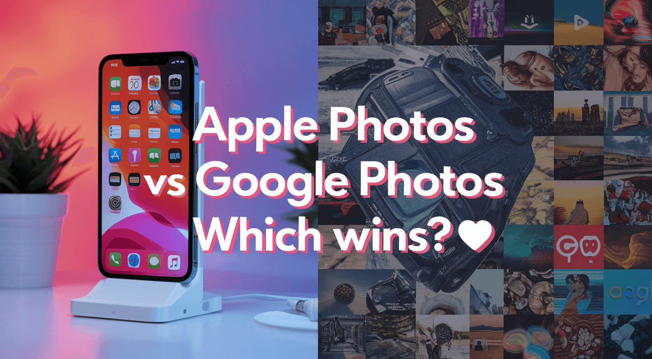 Split-screen comparison showing Apple Photos on an iPhone with a pastel background vs. Google Photos displaying a grid of images – asking “Which wins?”