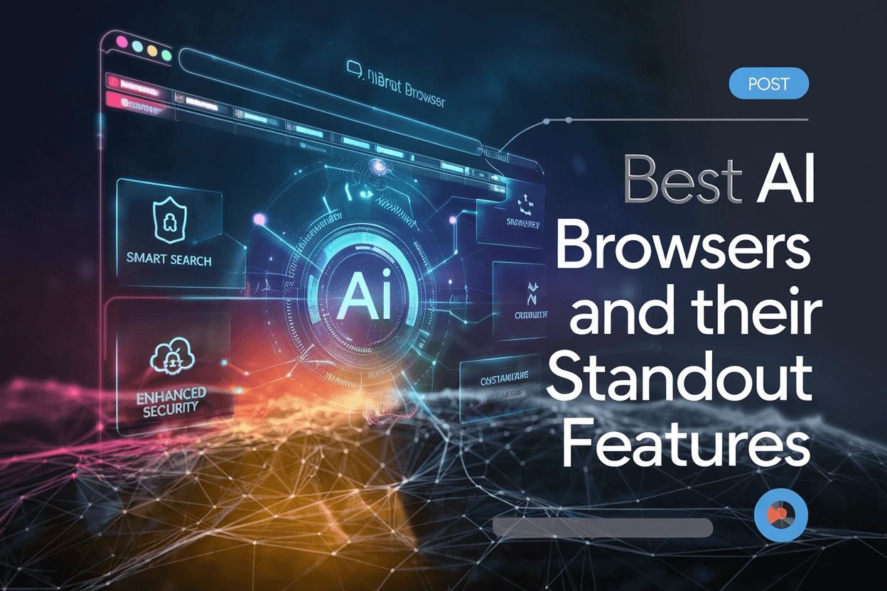 Best AI Browsers and their standout features displayed in a futuristic browser interface