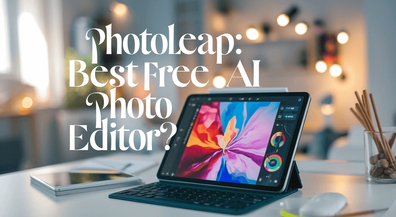 ablet running colorful editing software on a desk, highlighting the best AI photo editor app in action.