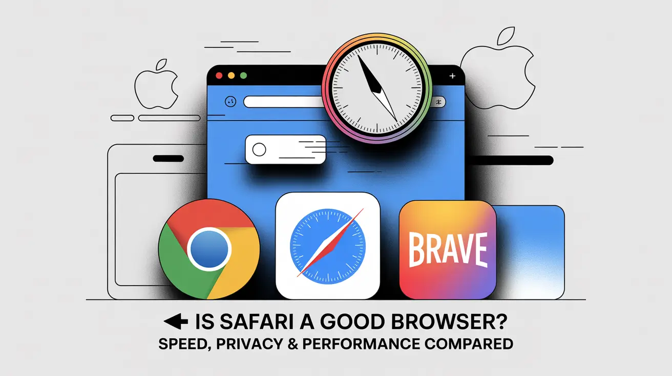 Is Safari a good browser? Chrome, Safari, and Brave logos shown in comparison on a digital interface.